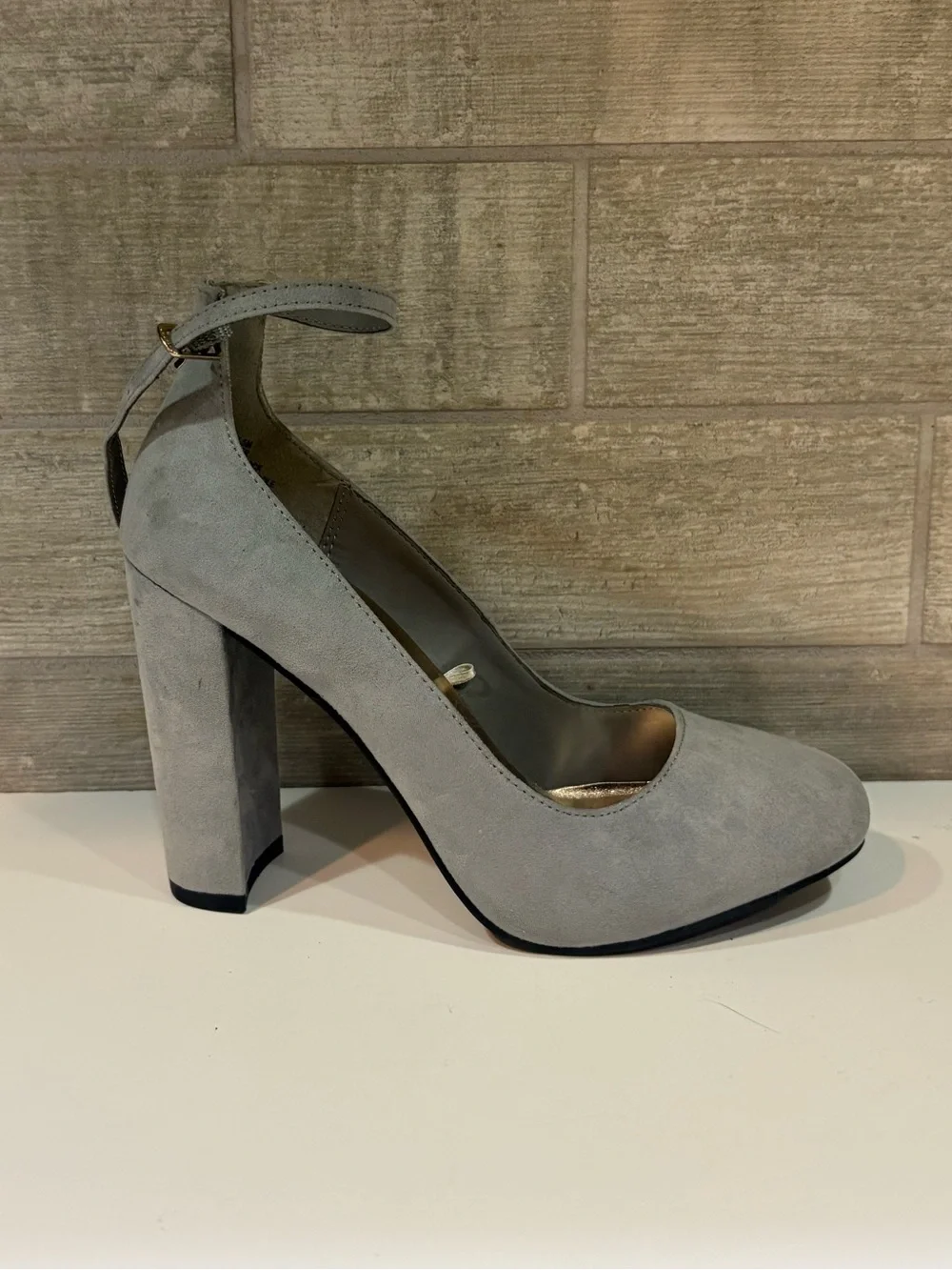 Madden Girl Prinnce Gray Suede Ankle-Strap Block Heels